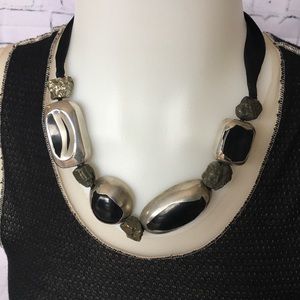 Marni black & silver toned necklace w gold pyrite